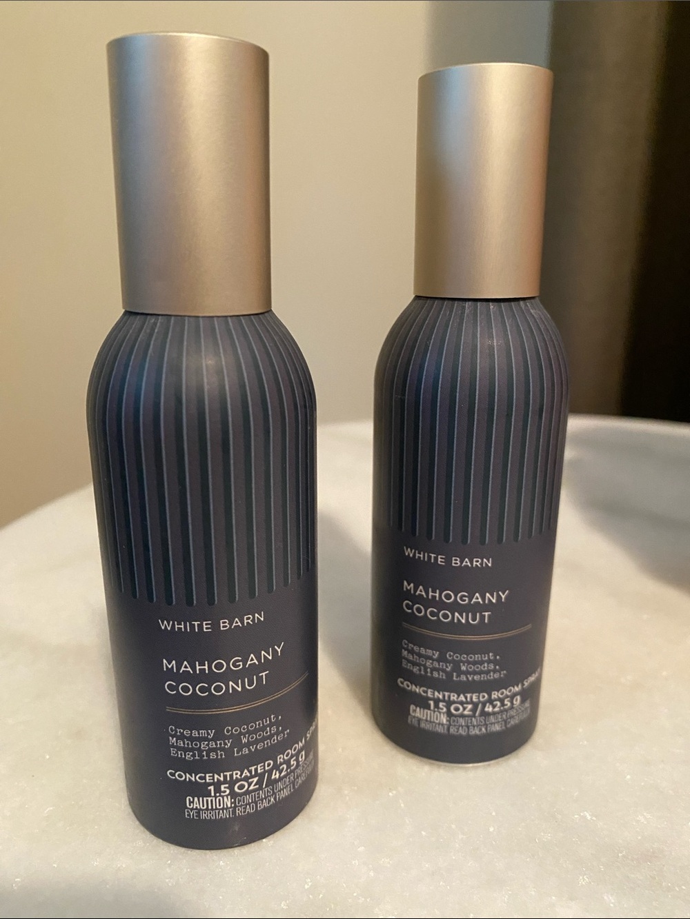 2 White Barn Bath and Body Works Mahogany Coconut Spray — Navy with Gold Cap